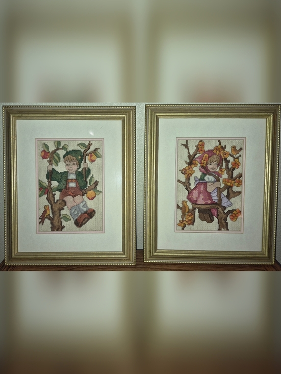 Other - 2 Vintage framed cross-stitch pictures, Hummel Girl & Boy Inspired Artwork